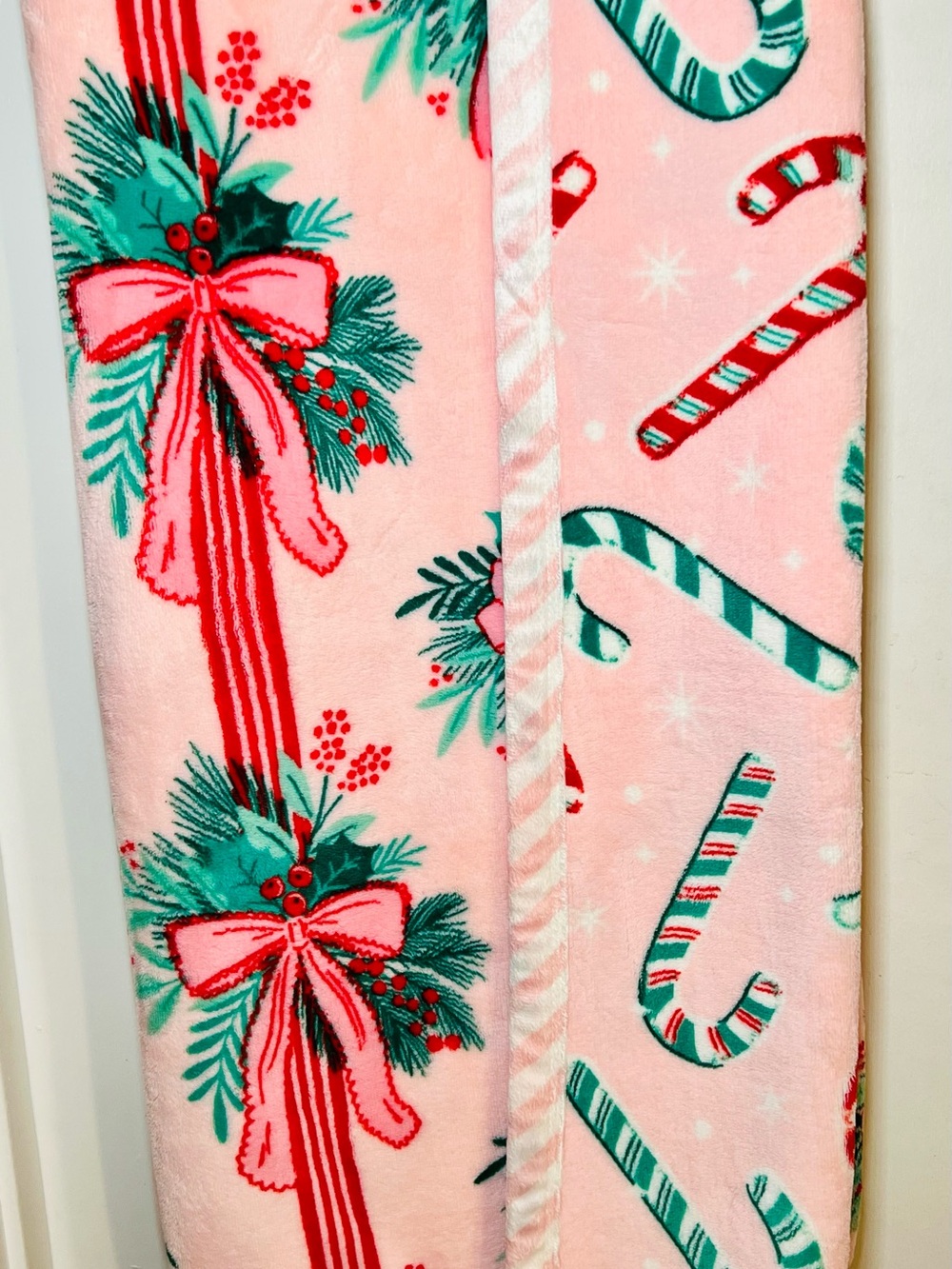 Ribbon Bows & Candy Canes Holiday Reversible Velvet Plush Throw Blanket Pink